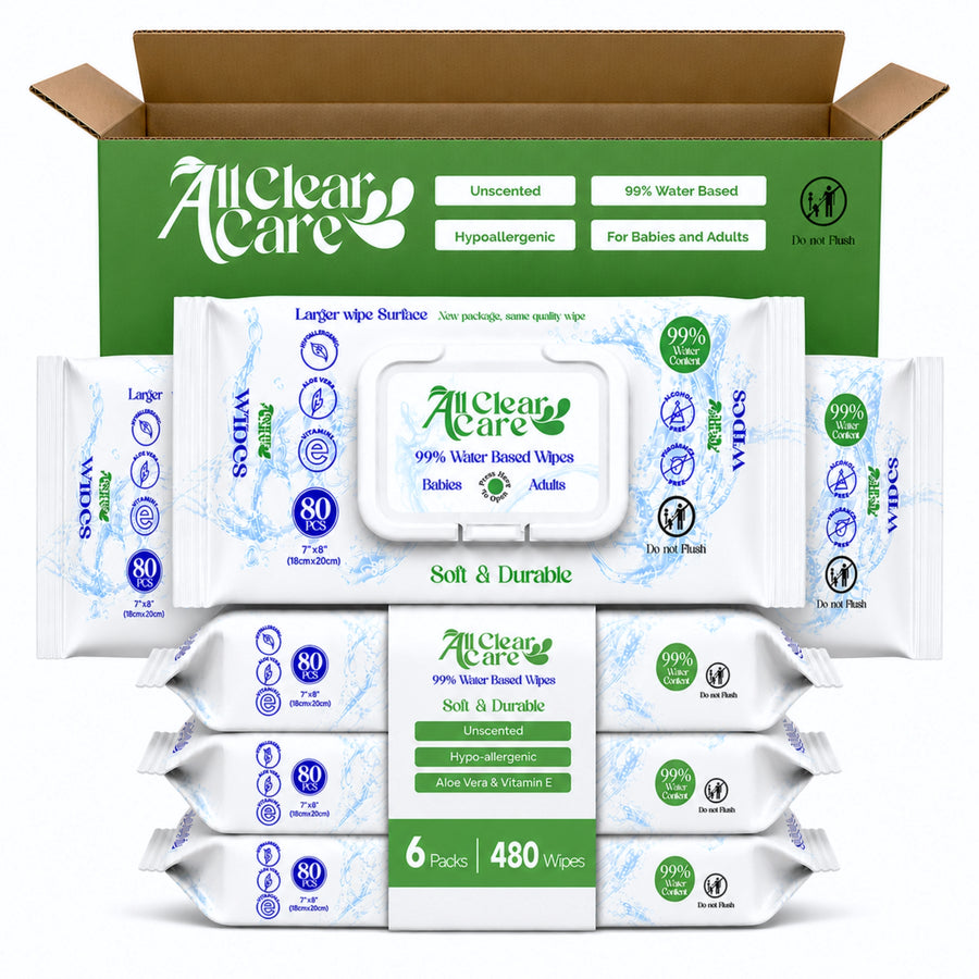 All Clear Care Baby Wipes (6PK), Unscented 99% Water for Sensitive Skin